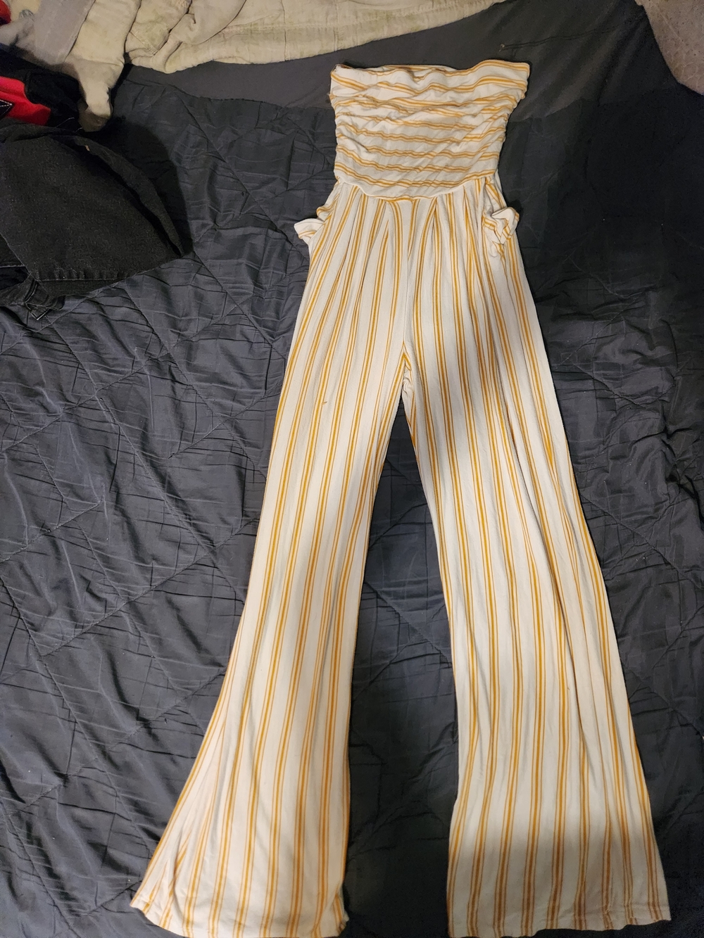 Heart Hips Strapless Wide-Leg Jumpsuit in White and Mustard